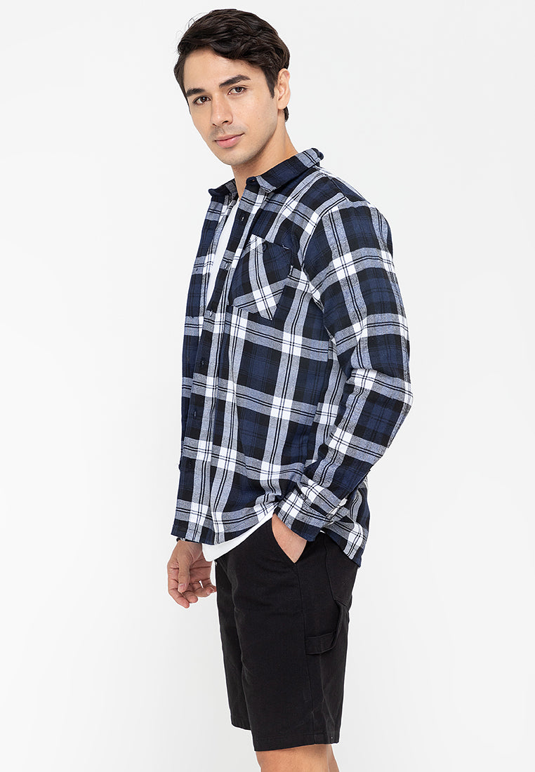 Men's Navy Blue Checkered Long Sleeve Polo