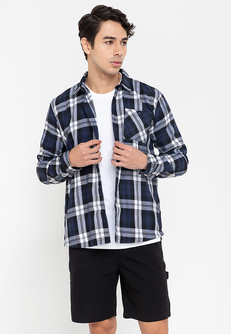 Men's Navy Blue Checkered Long Sleeve Polo